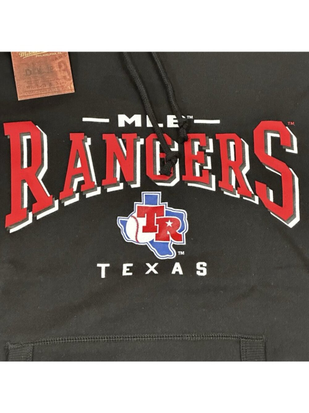 Texas Rangers Hoodie Mens SM Black Mitchell Ness Cooperstown Defect Rare Patch - Picture 4 of 9